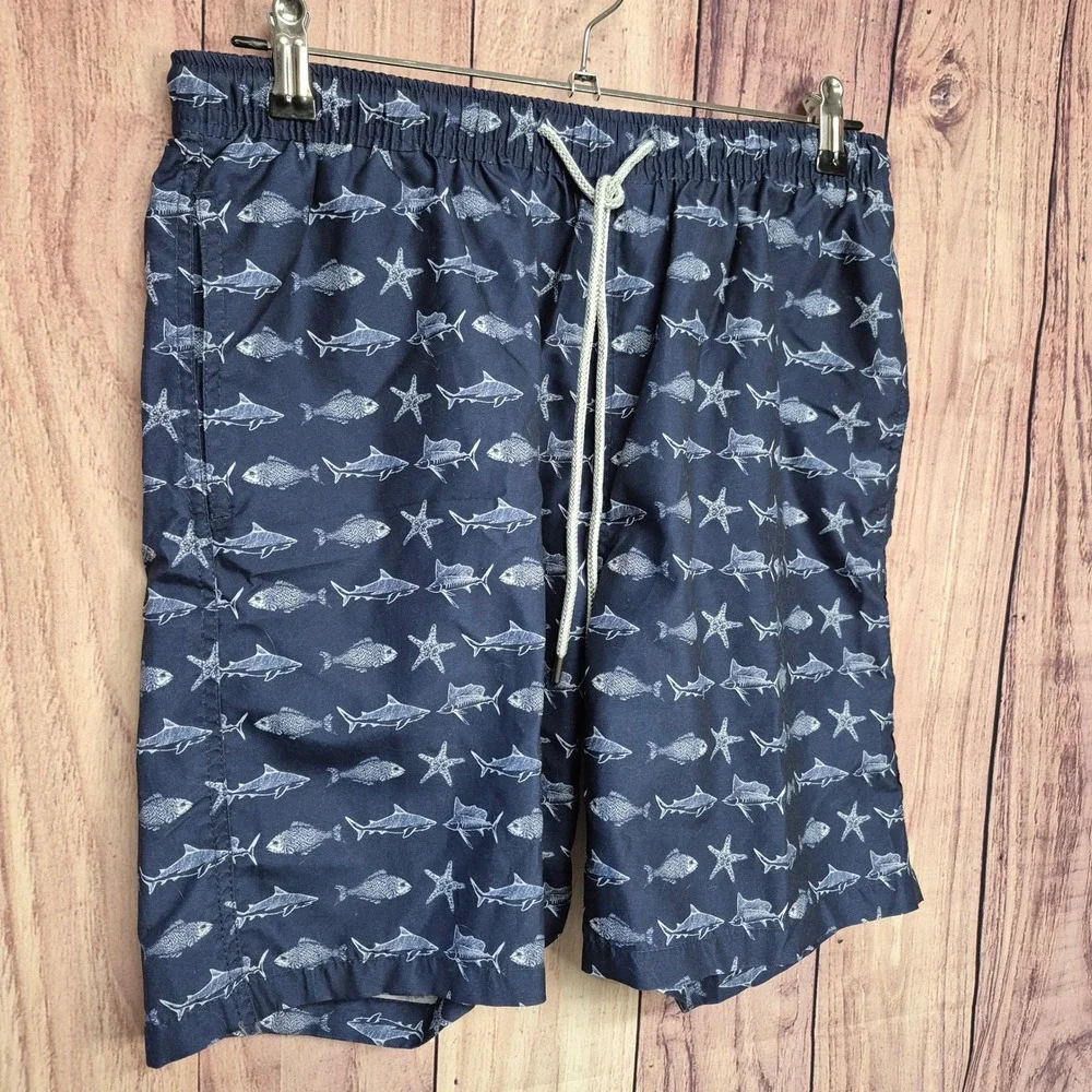 Kirkland Signature Mens Navy Blue Fish Starfish Print Swim Trunks Medium‎
